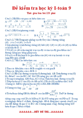 Đề kiểm tra học kì I môn Toán Lớp 9 (Có đáp án)